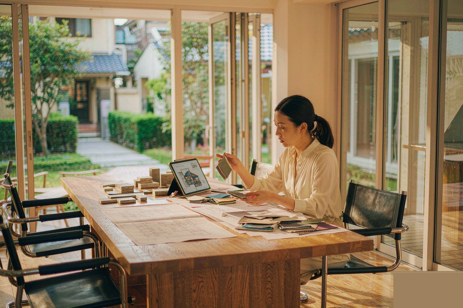 Chinese interior designer working on villa floor plans and 3D layouts